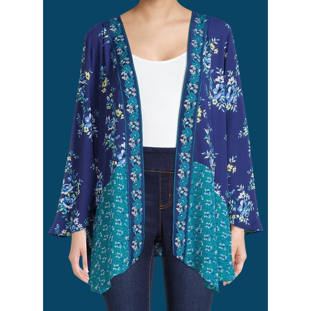 Pioneer Woman Floral Kimono Jacket XXL XXXL Sharkbite Duster Blue Boho 2X 3X New - Picture 10 of 10